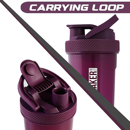 Utopia Home Shaker Bottle 2 Pack - 24 Ounce Plastic Protein or Cocktail Shaker Bottle for Pre & Post workout with Twist & Lock Protein Box Storage (All Plum & Clear/Plum)