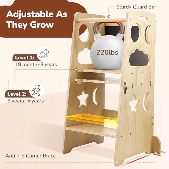 4 in 1 Convertible Toddler Tower for Toddlers, Kitchen Step Helper Stool, Foldable Toddler Tower with Adjustable Height for Bathroom Kitchen Counter