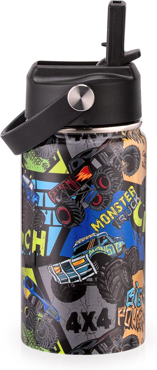 12oz Kids Insulated Water Bottle with Flip Straw & Big Handle, Monster Truck, Double Wall 18/8 Stainless Steel, Leakproof Gift for Kids Boys to School Travel Sports, Hands Wash Only, Black