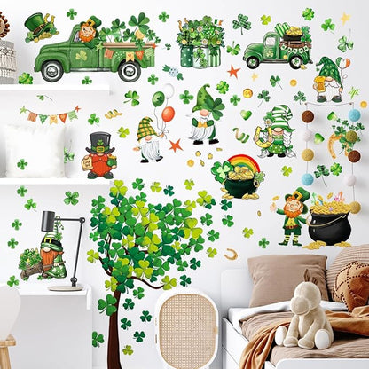 St. Patrick's Day Wall Decals Stickers Green Truck Shamrock St. Patricks Day Window Clings Lucky Clover Golden Coins Irish Spring Holiday Home Kitchen School Office Decor Party Supplies Decoration