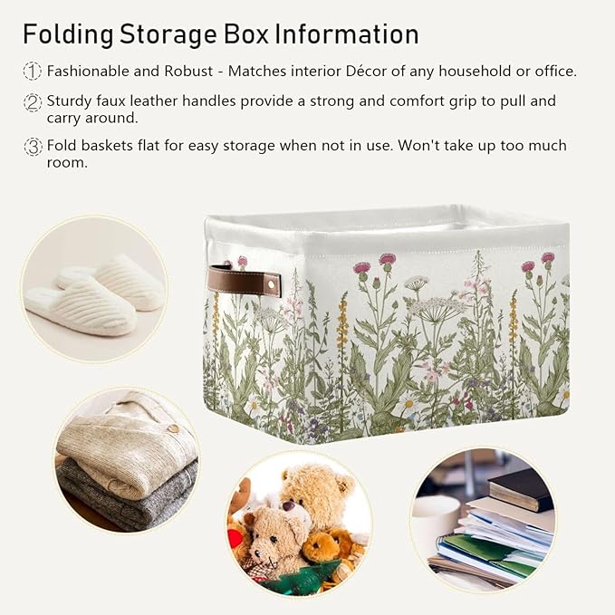 Wildflower Herbs Storage Basket Bin for Shelves Closet Botanical Foldable Fabric Storage Box Cube with Handles Kids Gifts Toys Cloth Shelf Basket Organizer for Bedroom Nursery Home Decorative