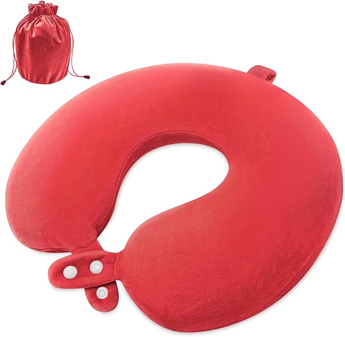 Travel Neck Pillow Airplane, Soft Memory Foam Support Head Neck Chin, with Removale Cover and Adjustable Snap Button, Comfortable Sleeping in Plane Car Train Traveling Office Home, Red