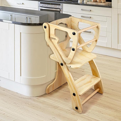 2 in 1 Toddler Kitchen Step Stool, Kids Standing Learning Tower, Wooden Child Kitchen Stool Helper Adjustable Height with Safety Rails