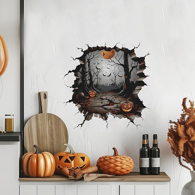 Scary Pumpkin Bat Wall Stickers Halloween Wall Decals self Adhesive Spooky Bathroom Art Stickers Decorations Halloween Stickers for Living Room Home Kitchen School Wall Glass Mirror Decor