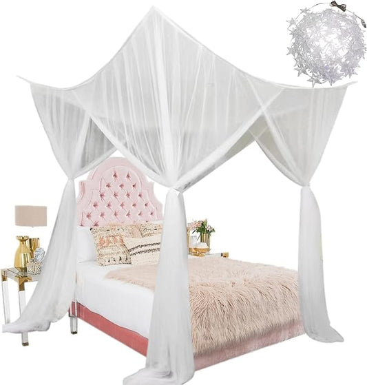 Bed Canopy Mosquito Net for Bed, Canopy Bed Curtains for Twin Full Size, 4 Corner Post Bedroom Canopy for Kids Adults, Square Bed Drapes Home Decor (White-Light)