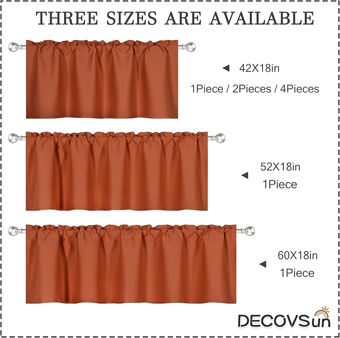 4 Panels Burnt Orange Valance - Rust Valance for Windows 42x18 Inch Solid Blackout Rod Pocket Kitchen Short Curtain Toppers Valance for Bathroom Living Room, Terracotta