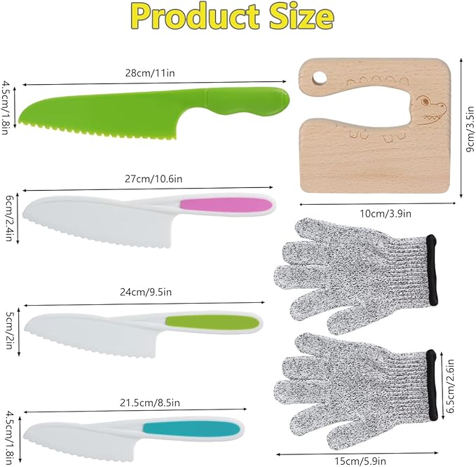 6pcs Kids Wooden and Plastic Knife Set, Kids Safe Knife with Wood Kids Knife Resistant Gloves Cooking Knives Serrated Edges Toddler Knife Kids Plastic Knife for Kitchen Children