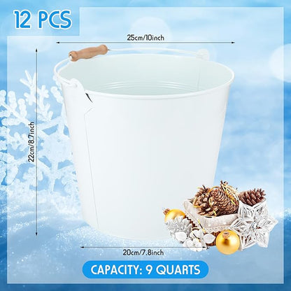 12 Pcs Large Galvanized Metal Buckets with Handle 10 Inch Heavy Duty Stainless Steel Pails Round Pail for Party Wedding, Crafts, Utensils, Table Centerpieces (White)