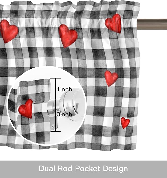 Valentines Day Gnomes Lovers Valances Kitchen Curtains for Windows,Buffalo Plaid Hearts Rod Pocket Valances Wedding Valentines Decoration Short Curtains for Bedroom/Living Room,54" X 18" -1 Panel