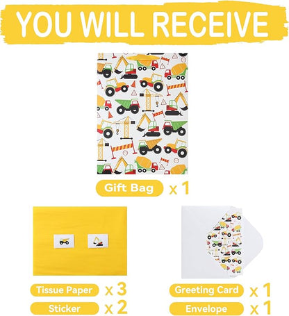 16.5” Extra Large Vehicle-themed Gift Bags Set with Greeting Card and Tissue Paper (Yellow Car Design) for boys, Kids Birthday Party, Baby boy, Baby Shower, Newborn, New Moms or Parents -