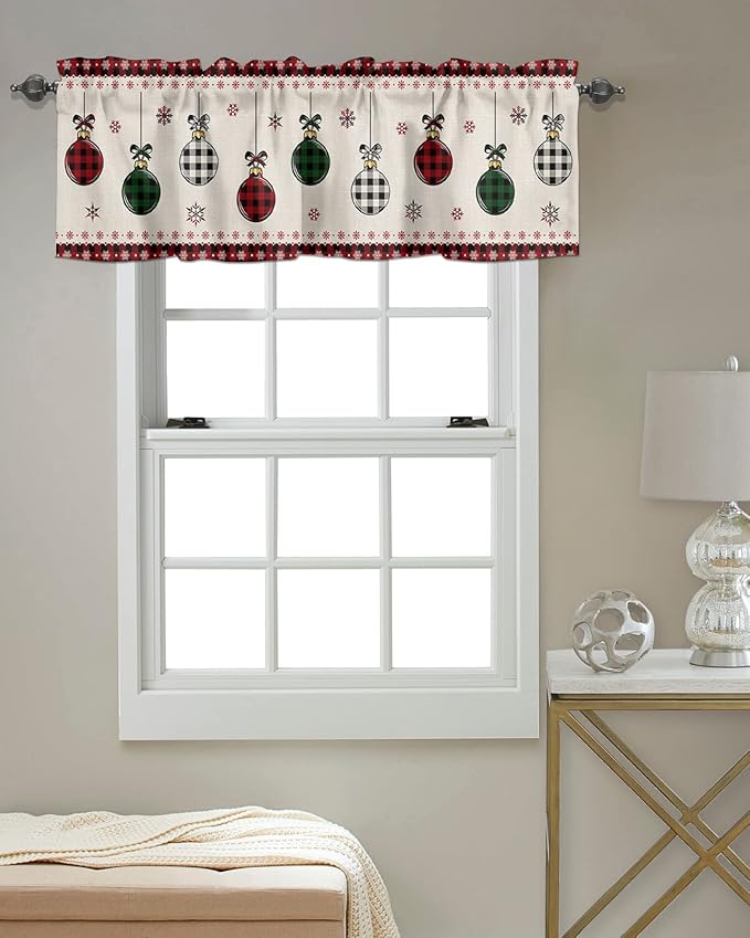 Vandarllin Christmas Kitchen Curtains Valances for Windows Vintage Buffalo Plaid Christmas Balls Rod Pocket Window Treatment for Kitchen/Living Room/Bedroom/Bathroom,60" X 18" -1 Panel, Farmhouse