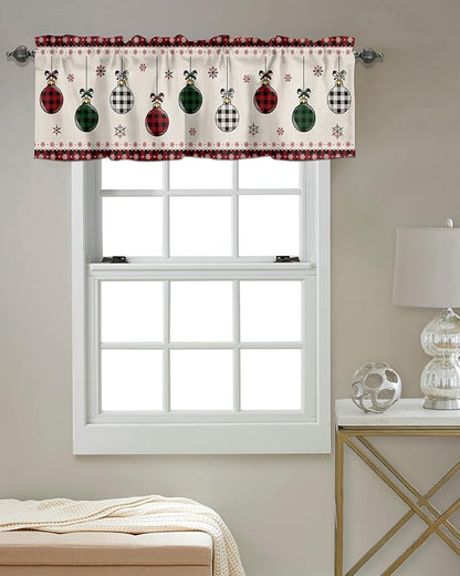 Vandarllin Christmas Kitchen Curtains Valances for Windows Vintage Buffalo Plaid Christmas Balls Rod Pocket Window Treatment for Kitchen/Living Room/Bedroom/Bathroom,42" X 18" -1 Panel, Farmhouse