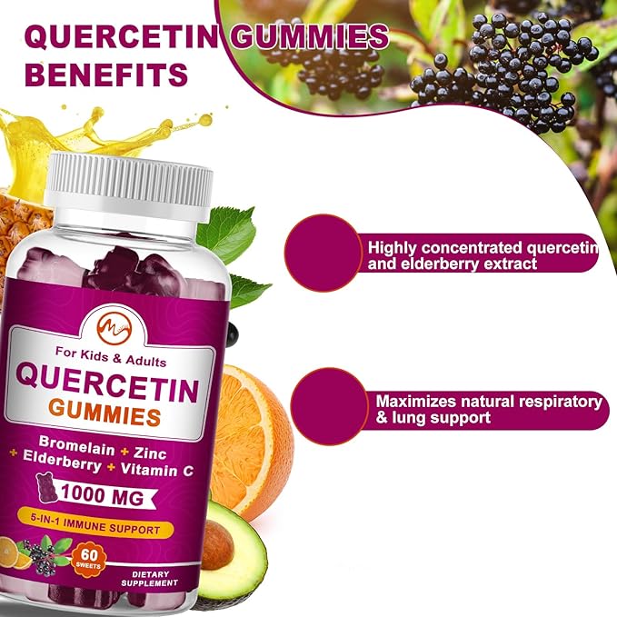 (2 Pack) Quercetin Gummies with Bromelain, Elderberry, Zinc and Vitamin C - Chewable Quercetin 1000 mg Supplement for Immunity, Cardiovascular, Allergy, Aging Support - Vegan Gummies for Adult & Kid