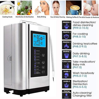 Alkaline Water Ionizer Machine AG7.0, Home Filtration System Produces pH 4-10.5 Water, 7 Water Settings, Up to -570mV ORP, 8000L Per Filter, Silver