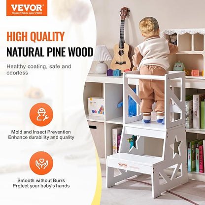 VEVOR Toddler Step Stool, Natural Pine Wood Kids Kitchen Stool Helper with Safety Rail & 150LBS Loading Capacity, Standing Tower Learning Stool for Bedroom Bathroom Kitchen Counter, White