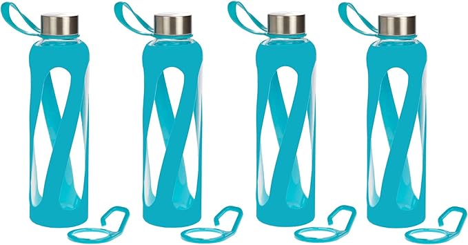 1, 2, 3, 4- PACKS - 20 oz Leak Proof, Reusable Pure Borosilicate Tempered Glass Water Bottle, Non-Slip Silicone Sleeve, 2 Attachments: Loop and Hook, Free of BPA, BPS, BPF, PVC, Phthalates