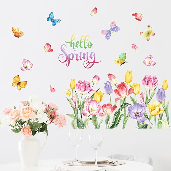 Mfault Hello Spring Wall Decals Stickers, Tulip Flower Butterfly Decorations Bedroom Art, Floral Seasonal Home Kitchen Decor Party Supplies