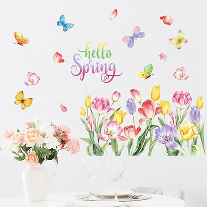 Mfault Hello Spring Wall Decals Stickers, Tulip Flower Butterfly Decorations Bedroom Art, Floral Seasonal Home Kitchen Decor Party Supplies