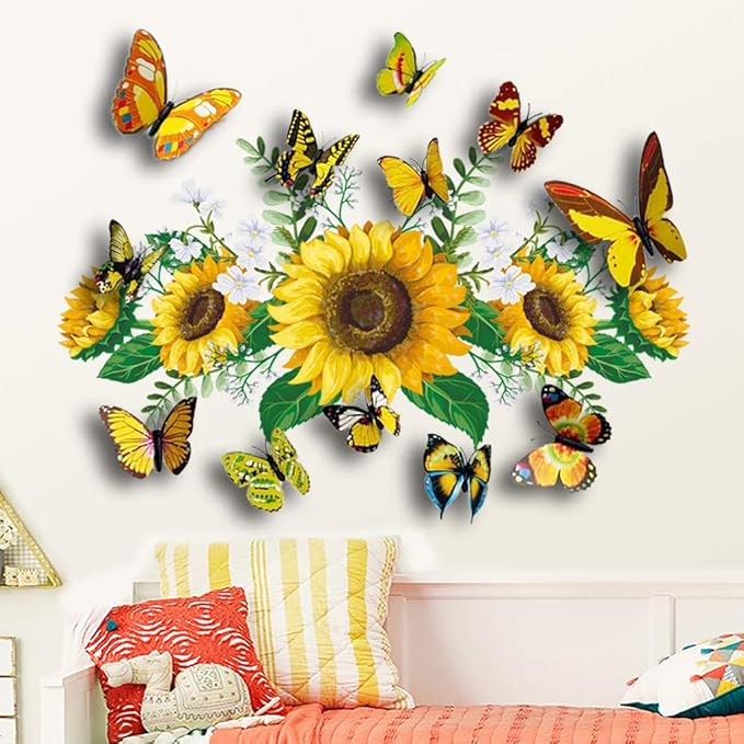 Sunflowers Wall Decal with 12 PCS 3D Colorful Butterfly Wall Stickers for Nursery Bedroom Bathroom Kitchen, Removable Yellow Flower Mural DIY Wall Art Decor Home Decorations for Living Room