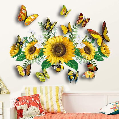 Sunflowers Wall Decal with 12 PCS 3D Colorful Butterfly Wall Stickers for Nursery Bedroom Bathroom Kitchen, Removable Yellow Flower Mural DIY Wall Art Decor Home Decorations for Living Room