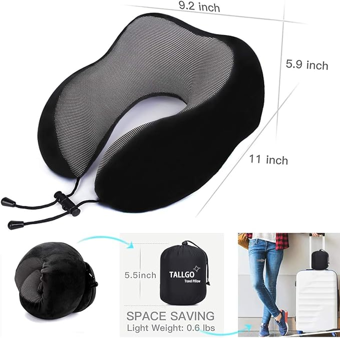 Travel Pillow, Best Memory Foam Neck Pillow Head Support Soft Pillow for Sleeping Rest, Airplane Car & Home Use (Black)