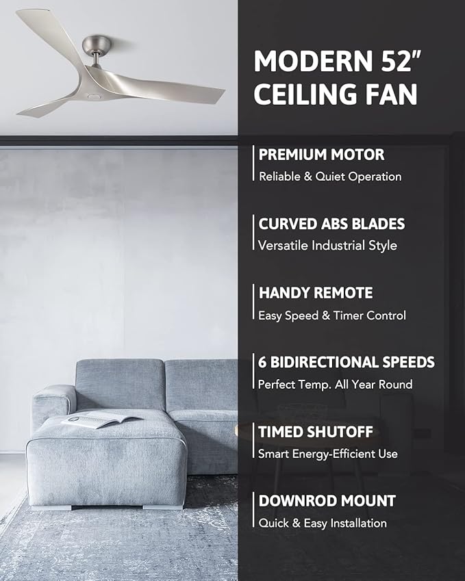 VONLUCE 52" Industrial Ceiling Fan No Light with Remote Control, Modern Ceiling Fan with 3 Blades Noiseless 6-Speed Reversible DC Motor, Ceiling Fan for Kitchen Bedroom Living Room, Nickel