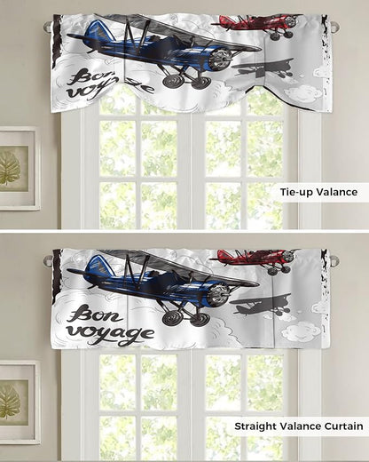 Tie Up Valance for Kitchen Living Room Farmhouse - Biplane Bon Voyage Rod Pocket Adjustable Tie-up Shade Valance for Small Window, Window Valance Balloon Drape for Bathroom 42x12 inches