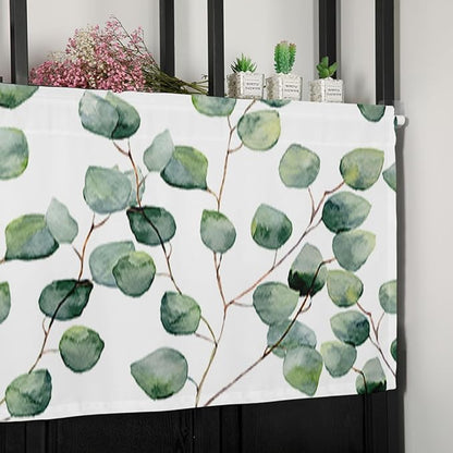 Vandarllin Watercolor Eucalyptus Vine Leaves Kitchen Curtains Valances for Windows Summer Green White Rod Pocket Window Treatment for Kitchen/Living Room/Bedroom/Bathroom,60" X 18" -1 Panel,