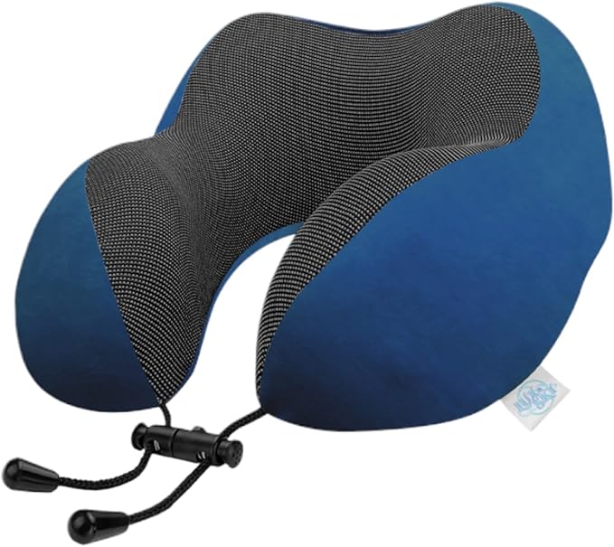 Lux & Sky Cooling Memory Foam Travel Neck Pillow Set for Airplane Car, Home, Office | Travel Essential Neck Pillow with Sleeping Mask & Earplugs | 3 in 1 U Shape Memory Foam Travel Pillow (Deep Blue)