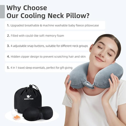 Travel Pillow, Neck Pillow Airplane Memory Foam with Sleep Mask Earplugs, Soft & Support Fleece Airplane Pillow for Travelling Plane Car Train Home Use, Grey