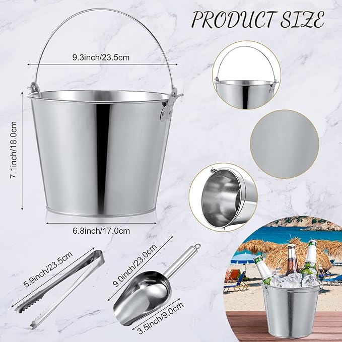 Zopeal 16 Pcs Galvanized Beer Bucket Metal Ice Buckets with Shovels and Tongs Large Steel Pail Tin with Handle for Party Wedding Wine Champagne Bar Kitchen Christmas Table Centerpieces (Silver)