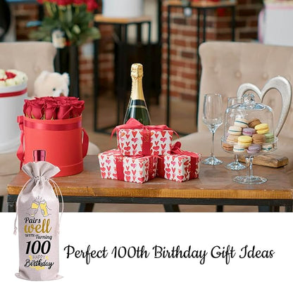 100th Birthday Gifts Linen Wine Bag - 100 Years Old Anniversary Milestone Keepsake Ideas for Darling Dad Brother Friends - Wine Not Included (100th)