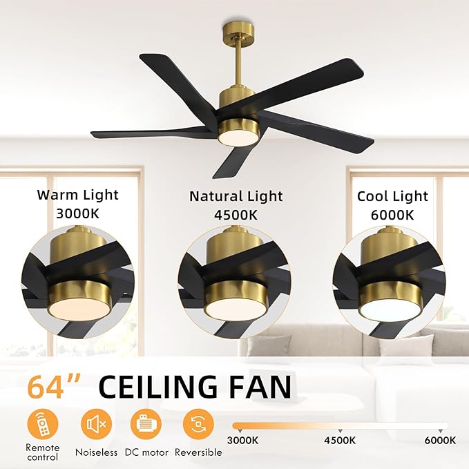 WINGBO 64" ABS DC Ceiling Fan with Lights, 5 Blade ABS Plastic Ceiling Fan with Remote, 6-Speed Reversible DC Motor, LED Ceiling Fan for Kitchen Bedroom Living Room, Brass and Matte Black