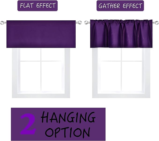 4 Panels Purple Valance for Windows 42x18 Inch Solid Thermal Insulated Blackout Rod Pocket Kitchen Short Curtain Toppers Valance for Bathroom Living Room