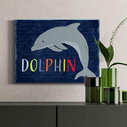 Renditions Gallery Canvas Animal Wall Art Home Paintings & Prints Blue Playful Dolphin Modern Abstract Vibrant Canvas Wall Hanging Decorations for Kids Bedroom Nursery - 18"x27" LT33