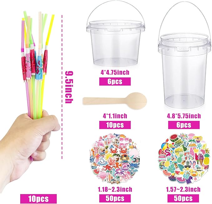 12 Pcs 1L 32oz Plastic Cocktail Buckets 750ml Ice Cream Buckets with Disposable Spoons and Straws Summer Theme Stickers for Summer Pool Party Beach Party Supplies