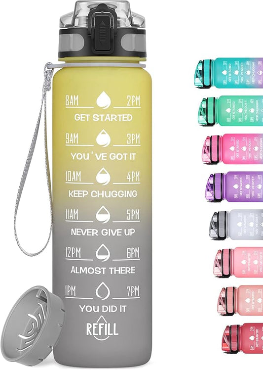 1000ml Motivational Water Bottle with Time Marker, Leak-proof BPA Free Tritan Drink Bottle with Fruit Strainer, Perfect for Fitness, Gym and Outdoor Sports