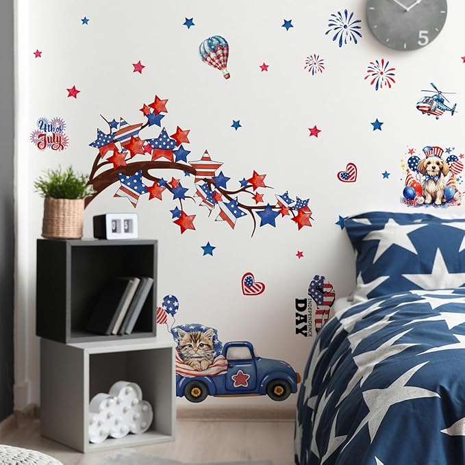 America Independence Day Wall Stickers for Wall Decor 2 Large Sheets 4th of July Wall Decals Removable Fireworks Animal Flag Star Window Decals Patriotic Memorial Day Stickers for Kitchen Home Decor