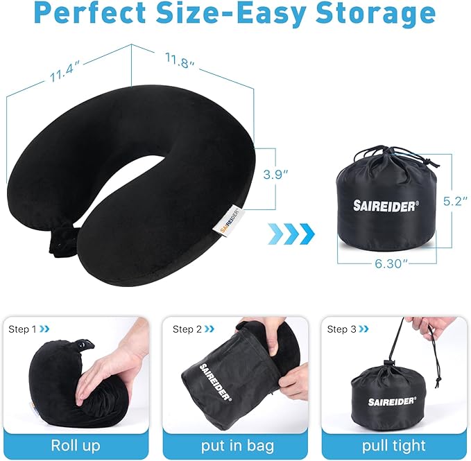 SAIREIDER Travel Pillow 100% Pure Memory Foam Travel Neck Pillow with Storage Bag, Airplane Pillow for Traveling、Car、Home、Office，Washable Cover（Black）