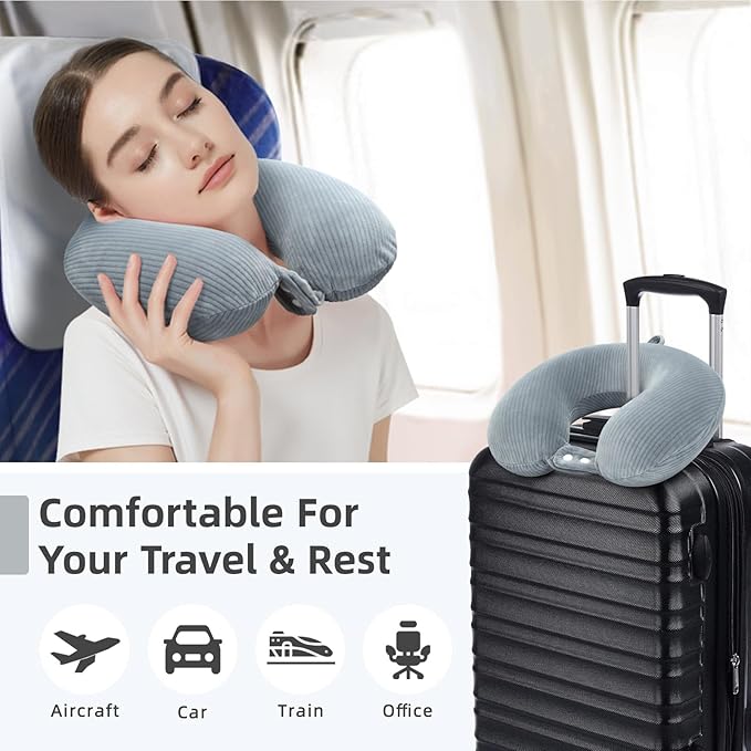 Travel Pillow, Neck Pillow Airplane Memory Foam with Sleep Mask Earplugs, Soft & Support Fleece Airplane Pillow for Travelling Plane Car Train Home Use, Grey