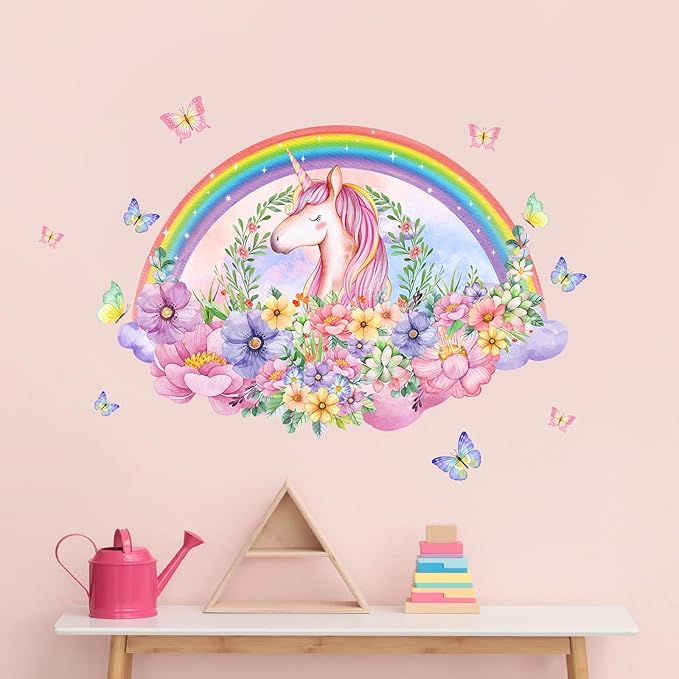 Rainbow Unicorn Wall Decals, Bouquets Flowers Butterflies Wall Stickers Removable Creative Self Adhesive Wall Art Sticker Home Decor for Girls Baby Nursery Kids Room Living Room