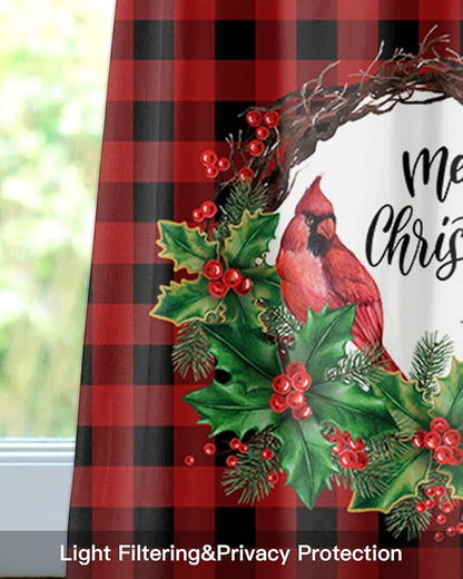 Vandarllin Merry Christmas Kitchen Curtains Valances for Windows Winter Cardinal Holly Berries Rod Pocket Window Treatment for Kitchen/Living Room/Bedroom/Bathroom,60" X 18" -1 Panel, Red Black Plaid