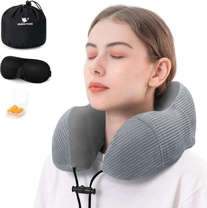 Travel Pillow for Airplane Memory Foam Neck Pillows, Soft & Support Travel Pillow for Travelling with Eye Mask, Earplugs and Storage Bag, Sleeping Rest, Car, Train and Home Use Fleece, Grey