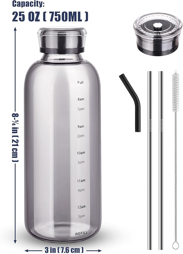 NiHome Glass Water Bottle 25oz/750ml with Two Caps, Stainless-Steel Straw, Brush and Silicone Cover, High Borosilicate Glass for Hot & Cold Beverages, Leak-Proof for Travel, Gym, Office (Smoky Gray)