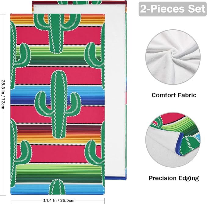 Towel Sets 2 Pack, Green Cacti on Colorful Stripes Bath Hand Towels Soft Absorbent Quick Dry for Bathroom Beach Kitchen Gym Travel