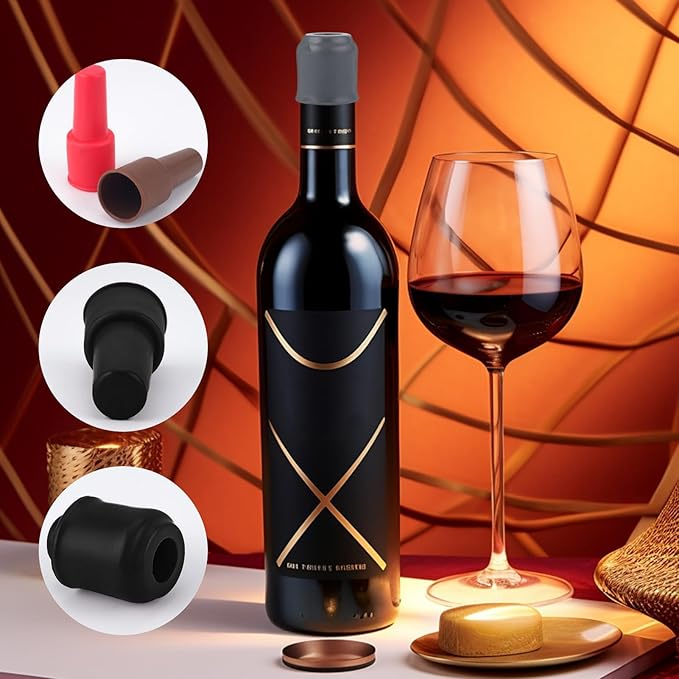 8Pcs Silicone Wine Stopper for Wine Bottles Reusable Wine Bottle Stopper Double Sealed Wine Corks for Beer Champagne Prosecco Beverage Black Red Wine Bottle Cover Caps for Home Kitchen Bar