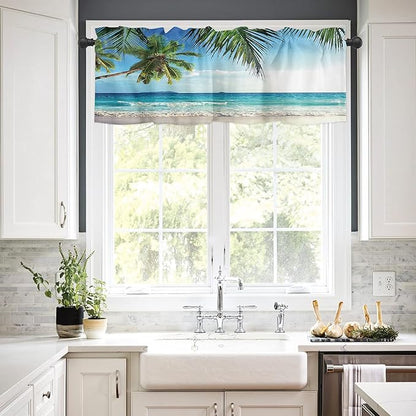 Valance Curtains for Kitchen Window, Palms Tree Ocean Tropical Sea Rod Pocket Valances Window Treatments Beach Theme Short Curtains for Bedroom/Living Room,54" X 18" -1 Panel,