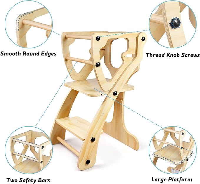 2 in 1 Toddler Kitchen Step Stool, Kids Standing Learning Tower, Wooden Child Kitchen Stool Helper Adjustable Height with Safety Rails