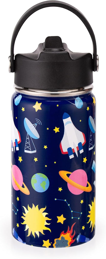 12oz Kids Insulated Water Bottle with Flip Straw & Big Handle, Space Travel, Double Wall 18/8 Stainless Steel, Leakproof Gift for Kids Boys Girls to School Travel Sports, Hands Wash Only, Blue