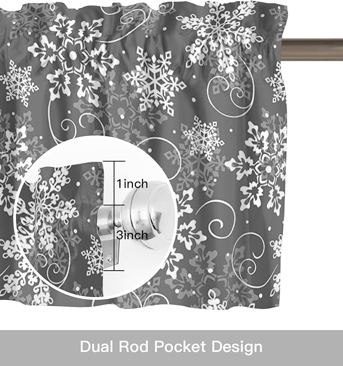 Vandarllin Christmas Kitchen Curtains and Valances Set, Grey White Snowflakes Pattern Windows Treatments Tiers Half/Short Curtains for Small Windows Cafe/Living Room/Bedroom 54x24 in Winter